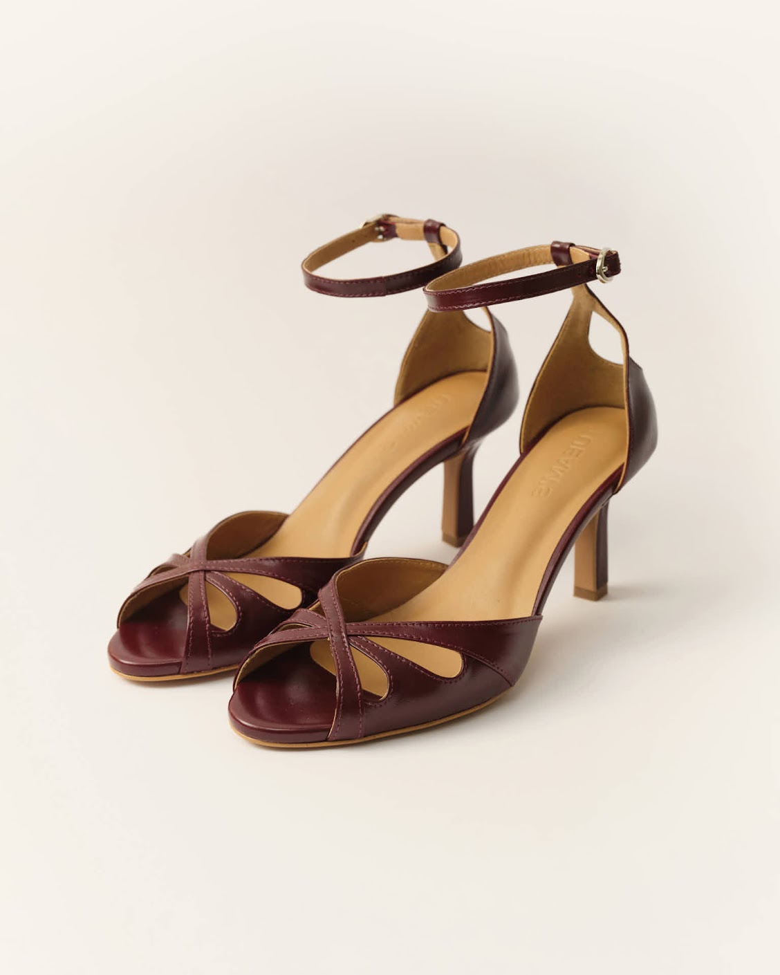 Burgundy leather mid-heel sandals