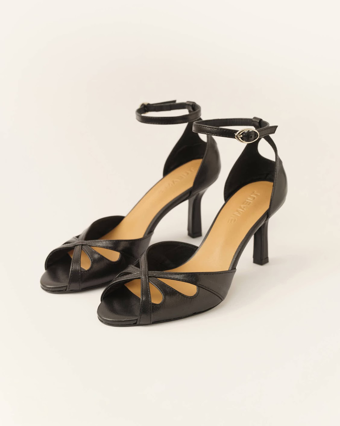 Black leather mid-heel sandals